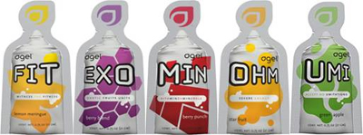 Original Agel pouch lineup — five products laid flat, showing the same abstract geometric packaging approach