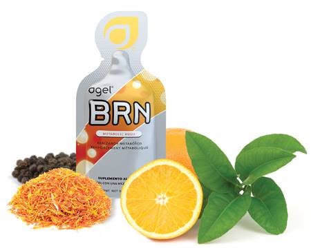 Agel BRN 'Metabolic Rush' pouch surrounded by black pepper, saffron threads, and an orange slice