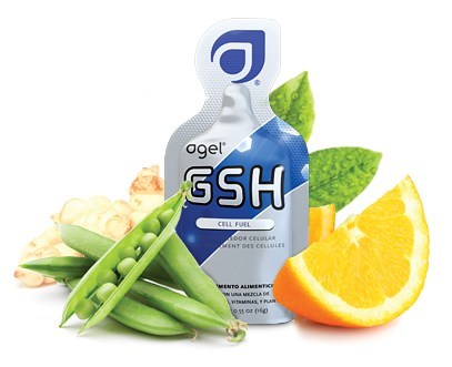 Agel GSH 'Cell Fuel' pouch surrounded by pea pods, mint leaves, and an orange slice