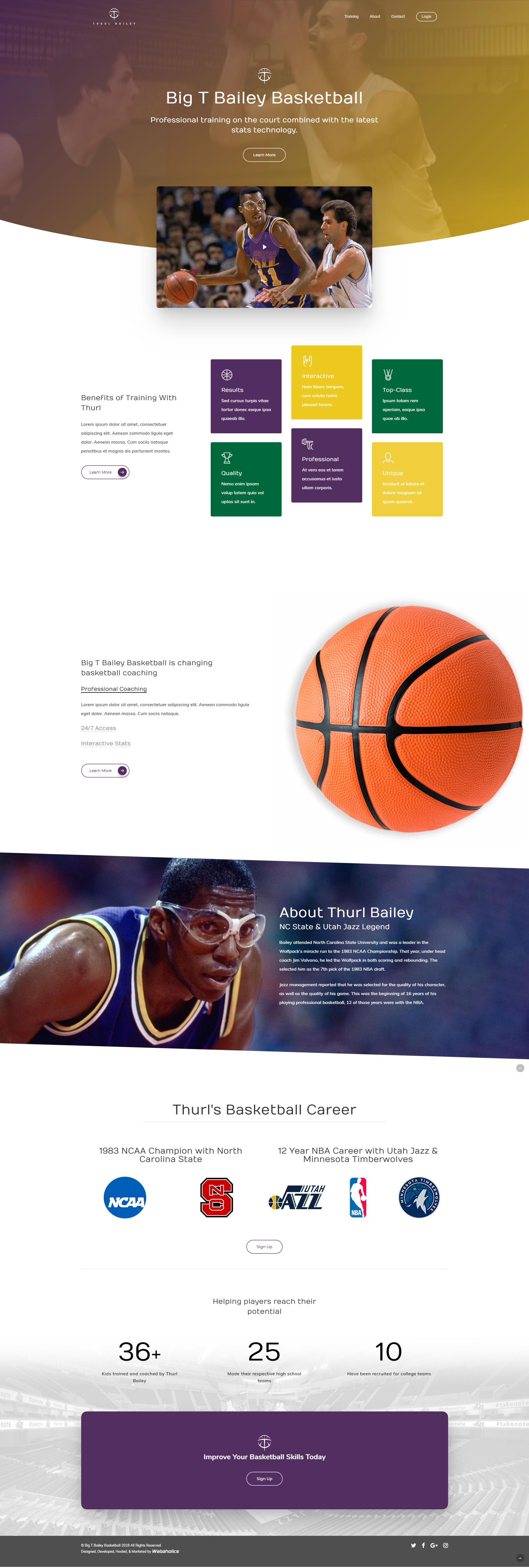 Big T Bailey Basketball home page, with hero video, benefits tiles, Thurl Bailey's bio and career stats, and results numbers